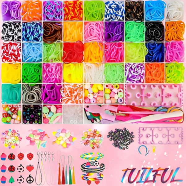 Loom Band Kit Assorted colorful loom bands arranged in a kit with various accessories and tools for bracelet making.