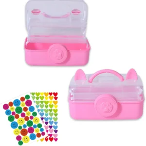 Tuilful Storage Box with Handle, 3-Compartment Plastic Organizer with Lid, Portable Multi-Use Storage for Crafts, Toys, Office Supplies – Includes 2 Stickers (Pink Cat Shape)
