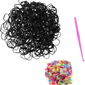 Tuilful 600+ Black Loom Bands Refill Pack with Hook Tool and Colorful S Clips Art Craft Refills for DIY Bracelet Making Refill Kit (600+)