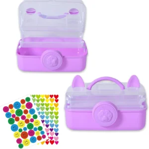 Tuilful Storage Box with Handle, 3-Compartment Plastic Organizer with Lid, Portable Multi-Use Storage for Crafts, Toys, Office Supplies – Includes 2 Stickers (Purple Cat Shape)