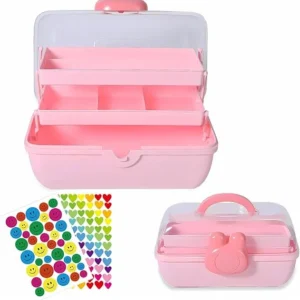 Tuilful Storage Box with Handle, 3-Compartment Plastic Organizer with Lid, Portable Multi-Use Storage for Crafts, Toys, Office Supplies – Includes 2 Stickers (Bear Pink Box)